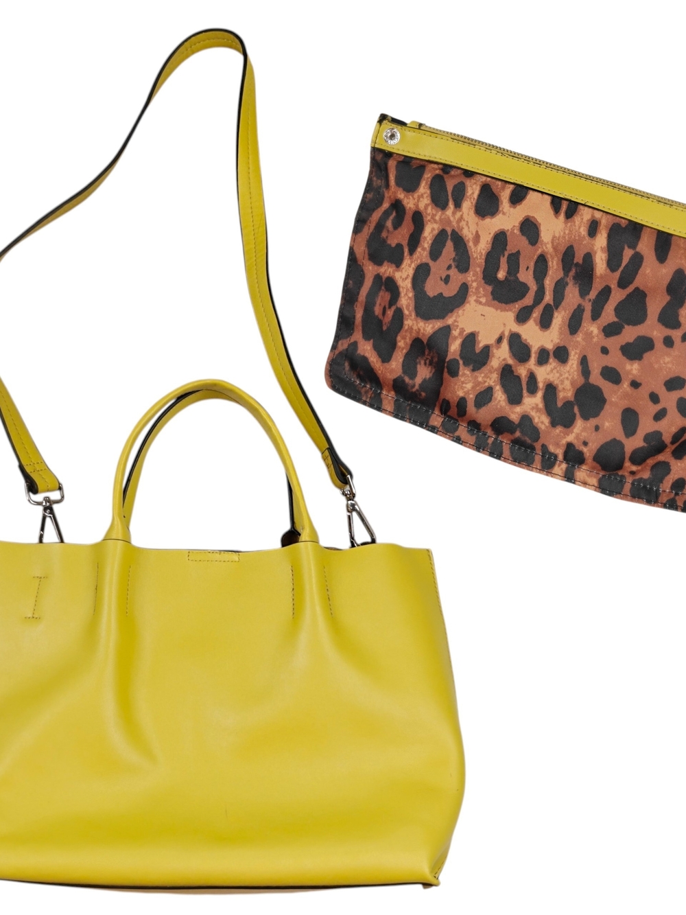 Co-Lab Yellow Shoulder Leather Medium Tote Bag Purse w Leopard Print Pouch Set